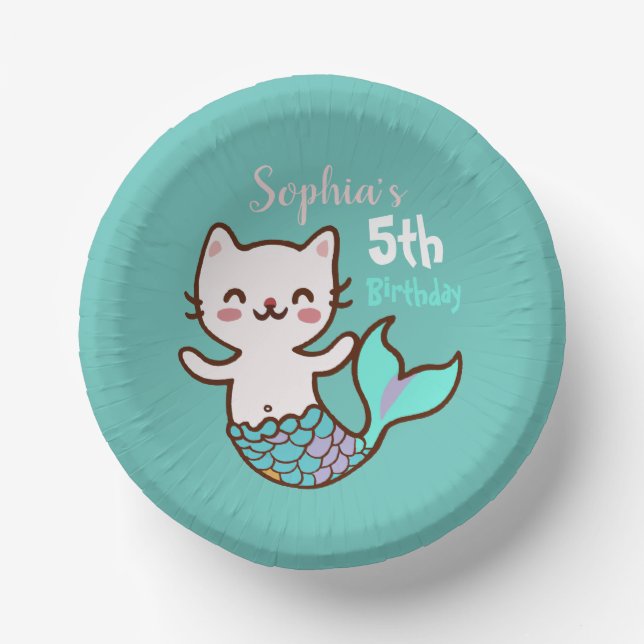 Cute Cat Mermaid Girl Birthday Meowmaid Purrmaid  Paper Plate (Front)