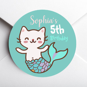 Cute Cat Mermaid Meowmaid Purrmaid Girl Birthday Classic Round Sticker