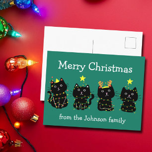 Cute Cat Merry Christmas Lights Custom Green Postcard