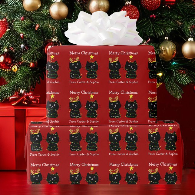 Cute Cat Merry Christmas Lights Personalised Red Wrapping Paper (Creator Uploaded)