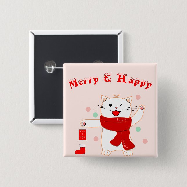 Cute Cat Merry & Happy | Cute Christmas Button (Front & Back)