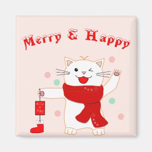 Cute Cat Merry & Happy Cute Christmas Magnet