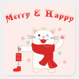 Cute Cat Merry & Happy   Cute Christmas Sticker