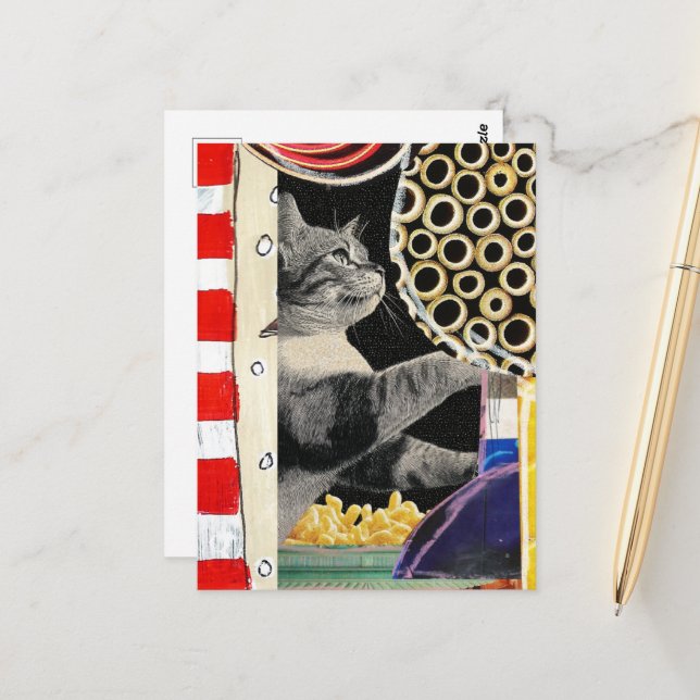 Cute Cat Mixed Media Collage Postcard (Front/Back In Situ)