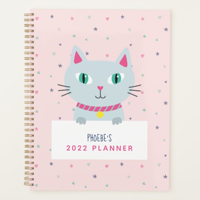 Cute Cat Modern Name Pink Personalised Planner (Front)