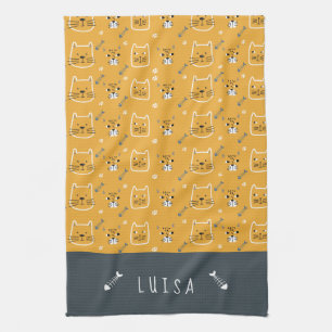 Cute Cat Modern Pattern Personalised Tea Towel