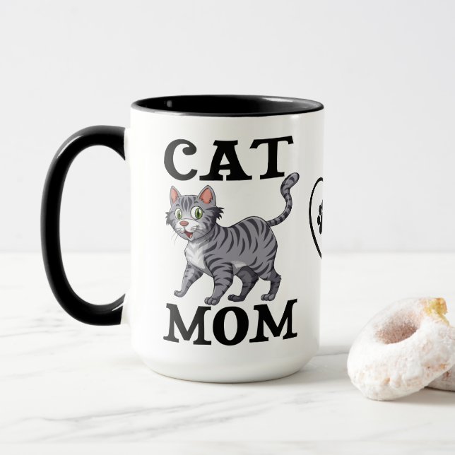 Cute Cat Mom Gift Gray Tabby Tiger Kitty Mug (With Donut)