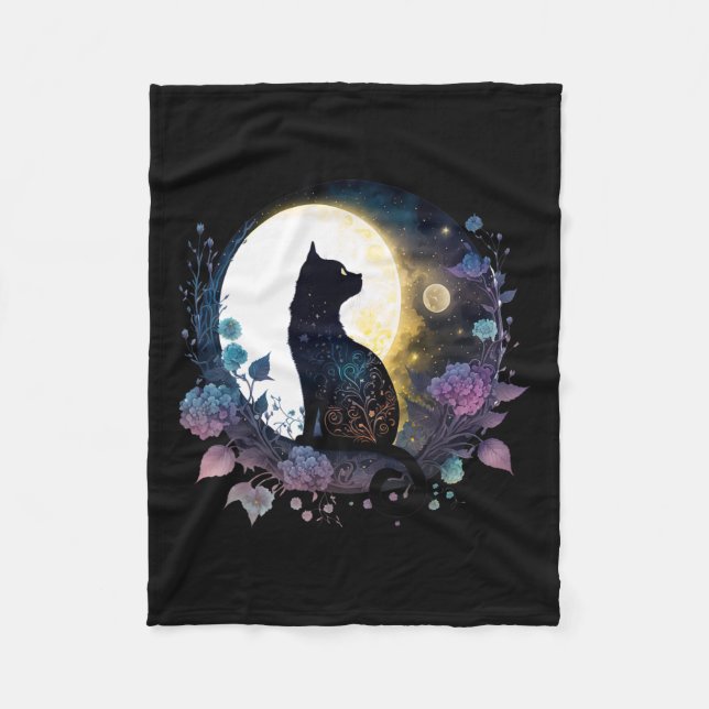 Cute Cat Motif Cat In Moonlight Cat  Fleece Blanket (Front)
