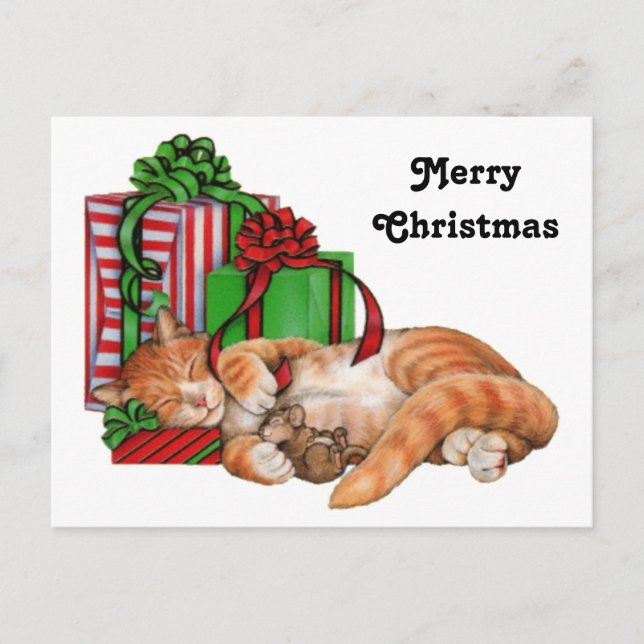 Cute Cat, Mouse and Christmas Presents Holiday Postcard (Front)