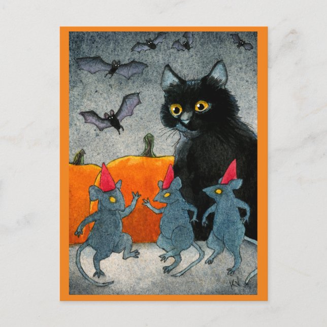 Cute Cat Mouse Bat Halloween pumpkin autumn Postcard (Front)