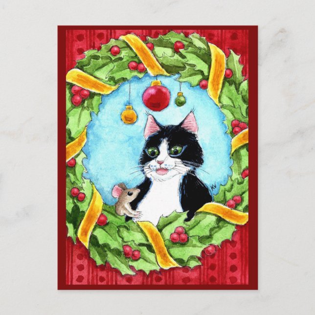 Cute cat, mouse Christmas wreath postcard (Front)