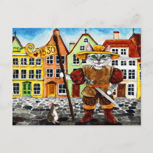 Cute cat mouse Estonian Tallinn folklore postcard (Front)