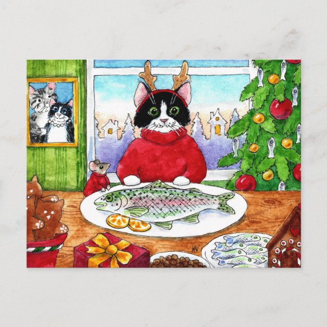 Cute cat mouse fish Christmas winter postcard (Front)