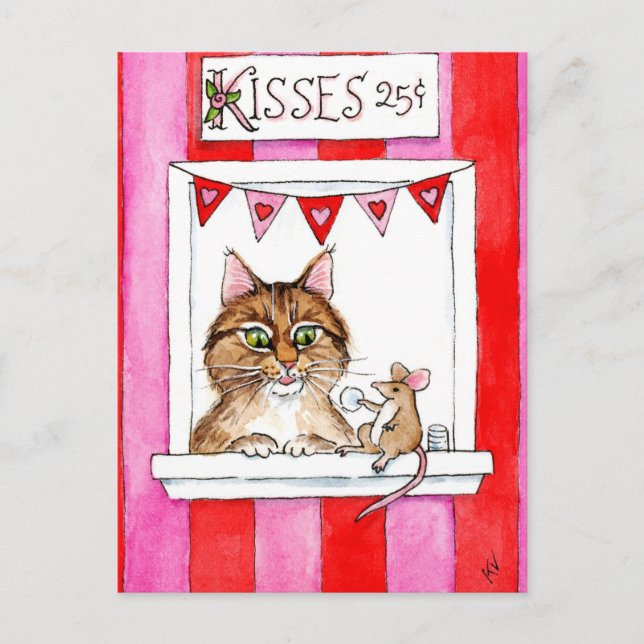 Cute cat, mouse, kissing booth Valentines postcard (Front)