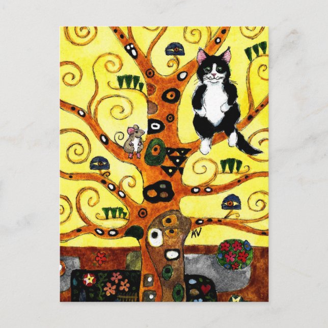 Cute Cat Mouse Klimt Tree of Life tribute postcard (Front)