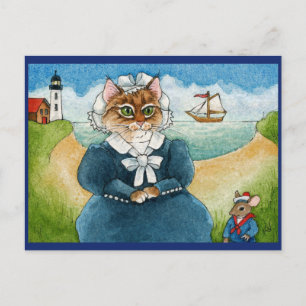 Cute Cat, Mouse, lighthouse, ship, beach postcard