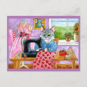 Cute Cat, Mouse, sewing seamstress postcard