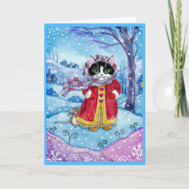 Cute Cat Mouse Winter Holiday Love card (Front)