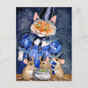 Cute Cat Mouse Witch Halloween autumn cauldron Postcard