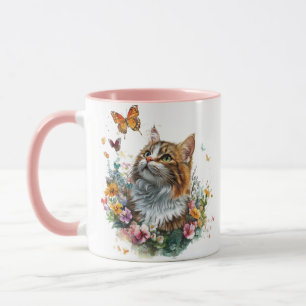 Cute Cat Mug with Floral and Butterfly Design