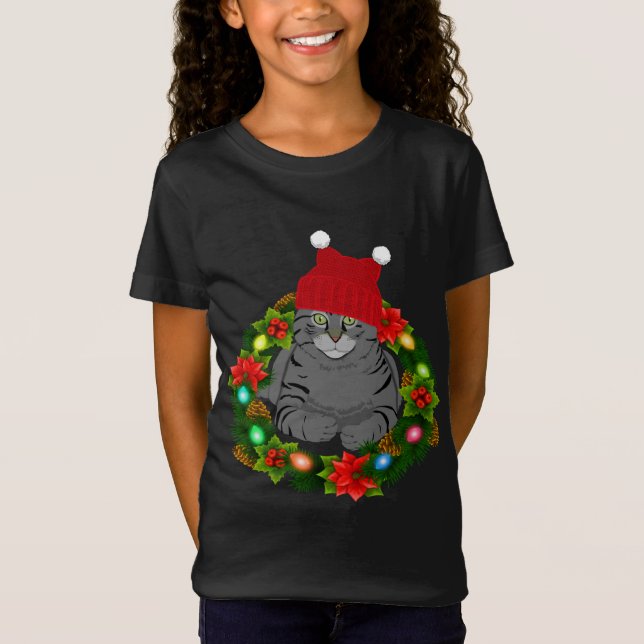 Cute Cat Mum Dad Holiday Wreath with Lights Funny  T-Shirt (Front)