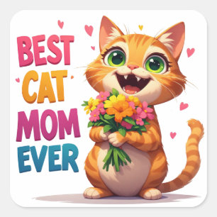 Cute Cat Mum Holding Flowers And Hearts 🐱 Square Sticker