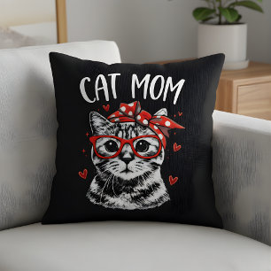 Cute Cat Mum with Glasses & Bandanna Black Cushion