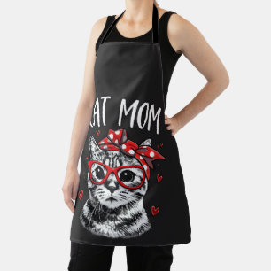 Cute Cat Mum with Glasses & Bandanna Black Kitchen Apron