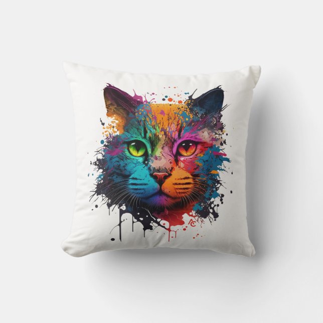 Cute Cat Neon Ink Splash Cushion (Front)