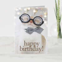 Cute Cat Nerd Glasses Happy Birthday Greeting Card