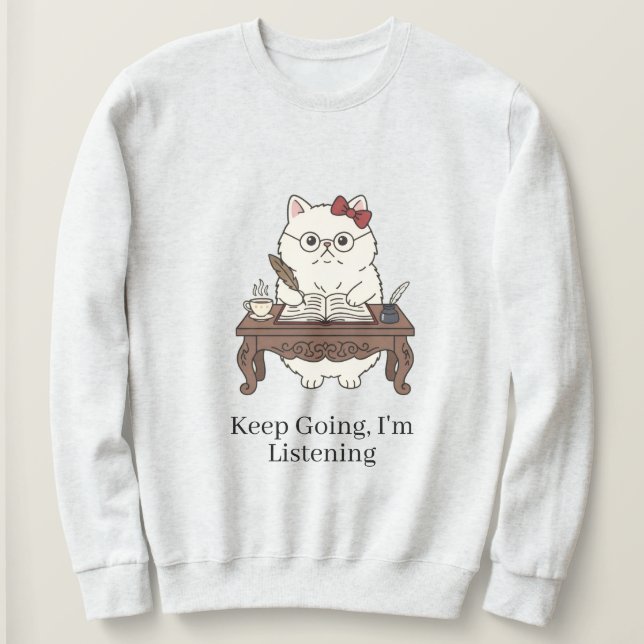 Cute Cat Note Taker Glasses Bow Writing Design Sweatshirt (Design Front)