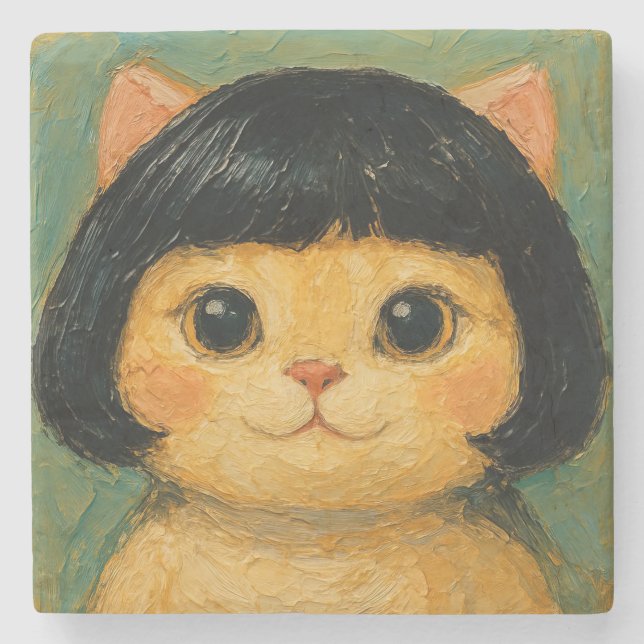 Cute Cat Oil Painting (#2) Stone Coaster (Front)
