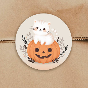 Cute Cat On A Pumpkin Halloween Illustration Classic Round Sticker