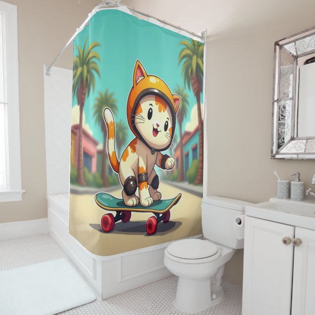 Cute cat on a skateboard shower curtain (In Situ)