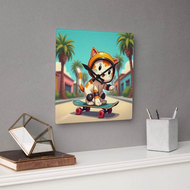 Cute cat on a skateboard square wall clock (Office)