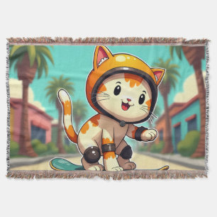 Cute cat on a skateboard throw blanket