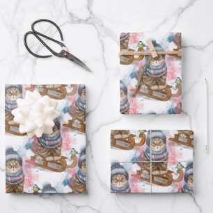 Cute Cat On A Sled Wrapping Paper Sheet