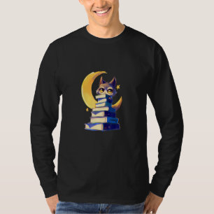 Cute Cat On A Stack Of Books In Moonlight T-Shirt