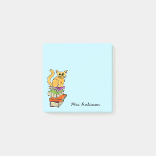 Cute Cat on Book Stack Teacher Name Aqua 3 x 3 Post-it Notes