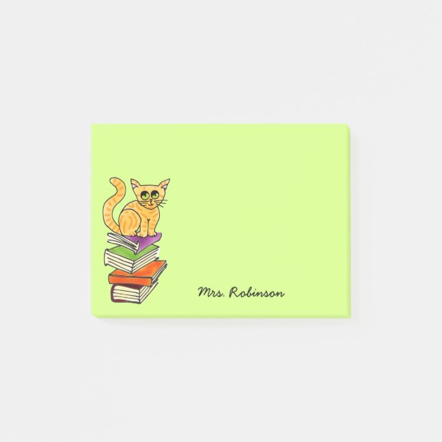 Cute Cat on Book Stack Teacher Name Green 4 x 3 Post-it Notes (Front)