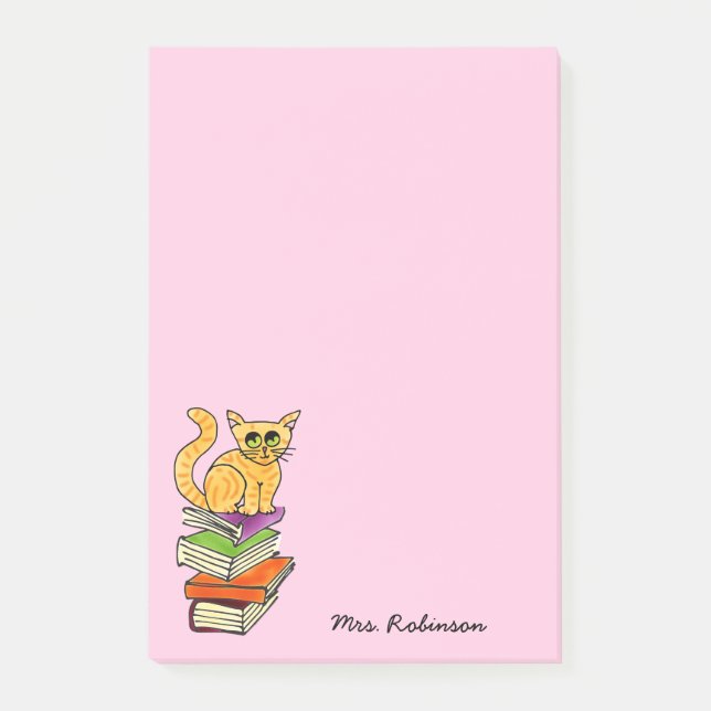 Cute Cat on Book Stack Teacher Name Pink 4 x 6 Post-it Notes (Front)