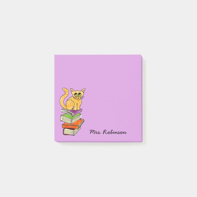 Cute Cat on Book Stack Teacher Name  Purple 3 x 3 Post-it Notes (Front)