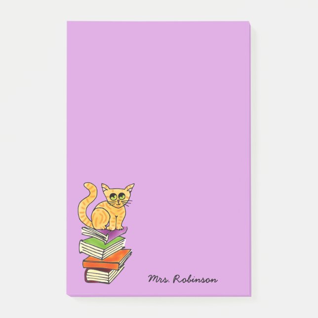Cute Cat on Book Stack Teacher Name Purple 4 x 6 Post-it Notes (Front)