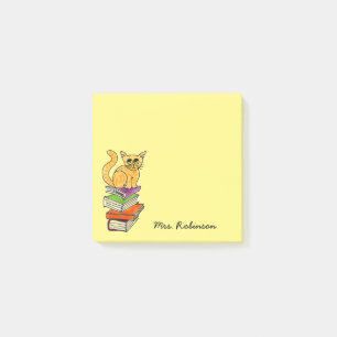 Cute Cat on Book Stack Teacher Name Yellow 3 x 3 Post-it Notes