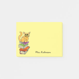 Cute Cat on Book Stack Teacher Name Yellow 4 x 3 Post-it Notes
