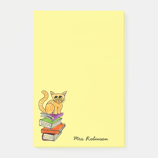Cute Cat on Book Stack Teacher Name Yellow 4 x 6 Post-it Notes (Front)