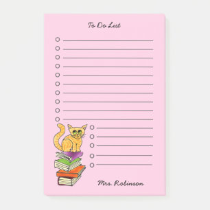 Cute Cat on Books Teacher To Do List Pink 4 x 6 Post-it Notes