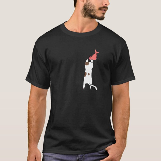 Cute Cat On Chest Pocket With Fish T-Shirt (Front)
