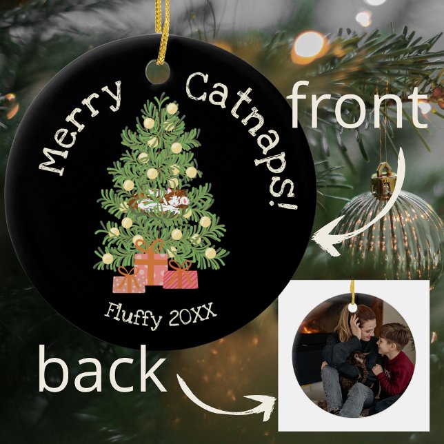 Cute Cat on Chistmas Tree Merry Catnaps! Black Ceramic Tree Decoration (Creator Uploaded)