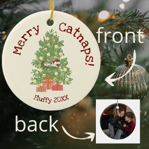 Cute Cat on Chistmas Tree Merry Catnaps!  Ceramic Tree Decoration